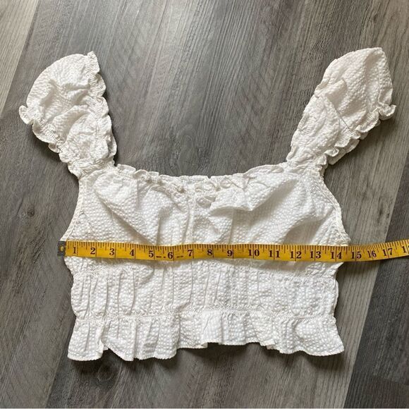 H&M Puff Sleeve Top White Large Ruffle Smocked Elastic Stretch - Picture 9 of 12